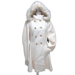 Liz Claiborne Ivory Wool Blend Boucle Hooded Coat Gold Buttons Large NWT